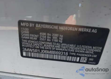 2021 BMW 330I z USA, uszkodzony, nr VIN 3MW5R1J06M8B69318